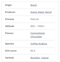 Brazil  Swiss Water Decaf Coffee - Beans or Ground 200gr